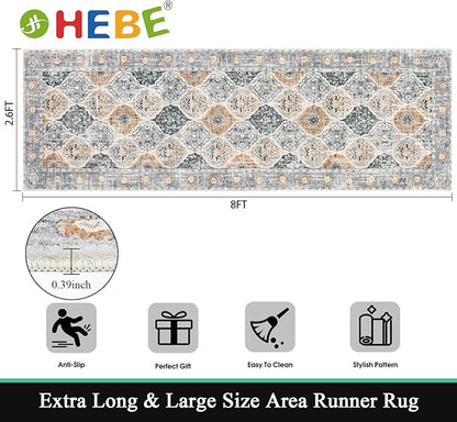 HEBE Hallway Runner Rug 2'8"x8' Washable Vintage Distressed Area Rugs Non Slip Laundry Rug Runner Boho Floor Carpet Runners for Hallways Entryway Laundry Room Kitchen Bathroom