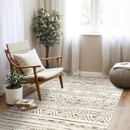 4x5 Washable Entryway Area Rug: Modern Moroccan Runner Rugs Indoor Soft Non Slip Door Mat for Living Room Low Pile Thin Floor Carpet for Kitchen Dining Room Bedroom Home Office Decor(4x5,Beige)