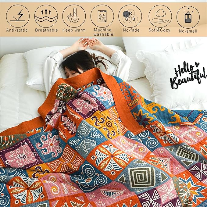 MSGKV Boho Throw Blanket 90''x98'' 100% Cotton Spring Blanket for Couch Bed, Muslin Bed Quilts Home Decor Gift for All Seasons