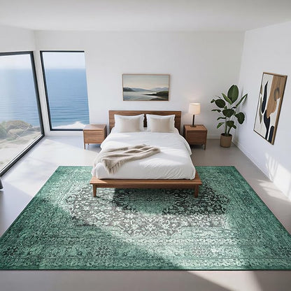 Washable Rugs 8x10 Area Rugs for Living Room- Vintage Green Rugs for Bedroom,Dining Room, Large Soft Low Pile Carpet with Non Slip Rubber Backing,Neutral Accent Rug for Nursery Home Office