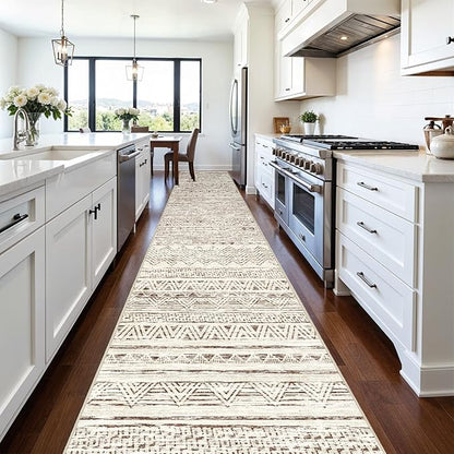 Ksrau 3x20 Runner Rug Washable - Extra Long Non-Slip Modern Runners for Hallway Soft Moroccan Low Pile Indoor Floor Mat for Living Room Kitchen Waterproof Geometric Runner Rugs Entryway 3x20 Beige