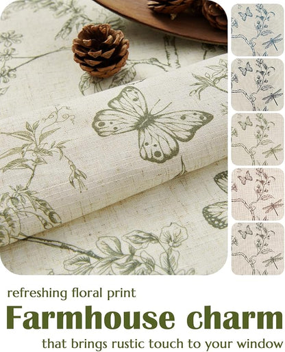 jinchan Floral Linen Curtains for Living Room 84 Inch Length Butterfly Curtain Sage Green Floral Curtains French Country Farmhouse Curtain Flower Patterned Drapes Window Treatment Set 2 Panels