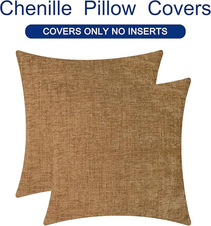 CaliTime Throw Pillow Covers Decorative 18 X 18 Inches Pack of 2 Cozy Chenille Cushion Case for Couch Sofa Bed Living Room Home Apricot Brown