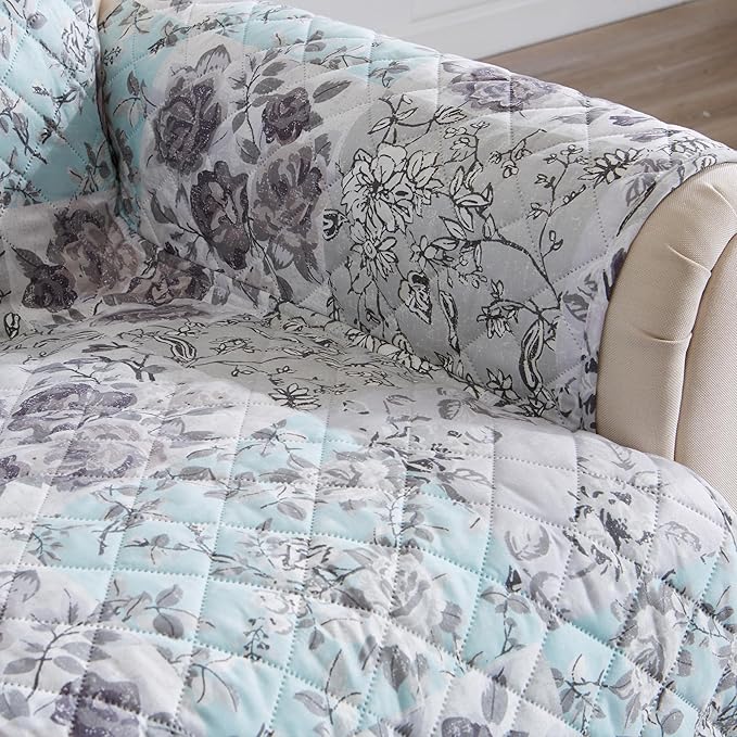 Great Bay Home Reversible Floral Patchwork Loveseat Furniture Protector - Machine Washable, Scalloped Edge, Stain Resistant, Printed Furniture Cover for Dogs, Kids, and Pets (Gray/Aqua)