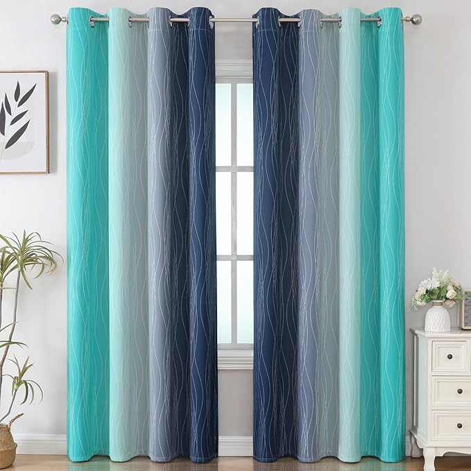 Estelar Textiler Navy Blue and Teal Gradient Blackout Curtains for Bedroom, Thermal Insulated Ombre Blackout Drapes, Full Light Blocking Energy Saving Curtains for Living Room,52Wx96L,2 Panels