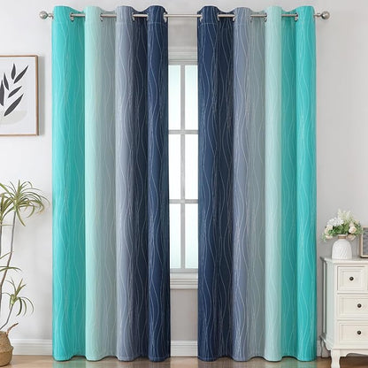 Estelar Textiler Navy Blue and Teal Gradient Blackout Curtains for Bedroom, Thermal Insulated Ombre Blackout Drapes, Full Room Darkening Energy Saving Curtains for Living Room,52Wx84L,2 Panels