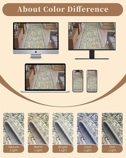 Madane Runner Rug 2x8, Washable Hallway Runner Rugs, Non-Slip Low-Pile Soft Kitchen Rug Runner Laundry Room Rug, Vintage Throw Entry Foyer Mat for Entrance Living Room (Green/Gold, 2 x 8)
