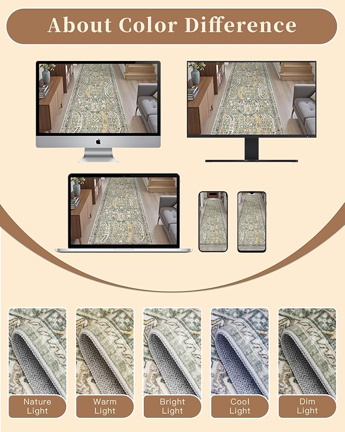 Madane Runner Rugs for Hallway 2x10 Long Washable Non-Slip Hallway Runner Rug Low-Pile Stair Kitchen Runner Soft Throw Carpet for Entrance Living Dining Laundry Room (Green/Gold, 2 x 10)