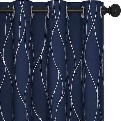 Deconovo Blackout Curtains for Living Room, Thermal Insulated Soundproof Drapes, Wave Dots Silver Print, 52 x 95 Inches Long, 2 Panels, Machine‑Washable Window Panel for Bedroom Patio Door, Navy Blue