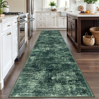 IOHOUZE Abstract Runner Rug 3x12 Ft Washable Runners for Hallways, Non Slip Kitchen Runner Printed Faux Wool Entryway Runner Indoor, Modern Abstract Floor Carpet for Hall Kitchen, Dark Green