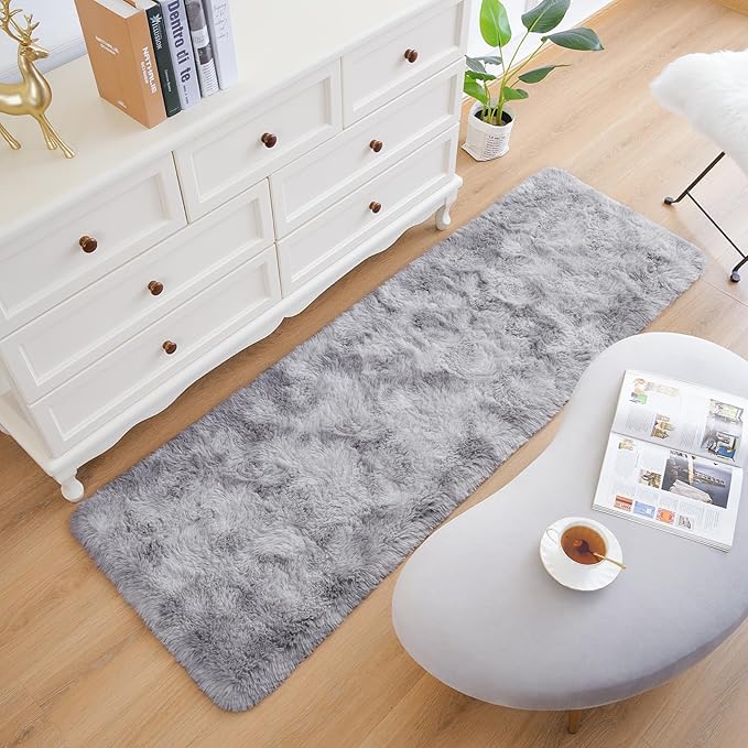 Chicrug Cute Fluffy Area Rug for Girls Bedroom, 2x6 Feet Fluffy Kids Rug for Room Decor, Shag Soft Dorm Playroom Rug, Bedside Rugs for Baby Nursery Room, Grey