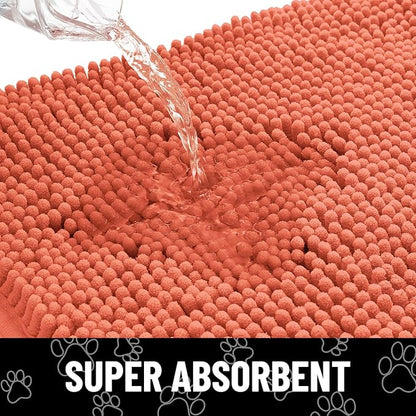 Smiry Dog Door Mat for Muddy Paws, Absorbent Dirt Trapper Non Slip Quick Dry Washable Chenille Mat for Mud Dogs, Entry Rug for Indoor and Outdoor (30x20 Inches, Coral and White)