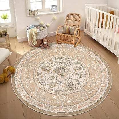 GarveeHome Pinkish Brown Botanical Grove 5ft Round Rug, Small Circle Vintage Cottagecore Soft Low-Pile Non-Slip Washable Rugs for Living Room Bedroom Nursery Kitchen Retro Carpet