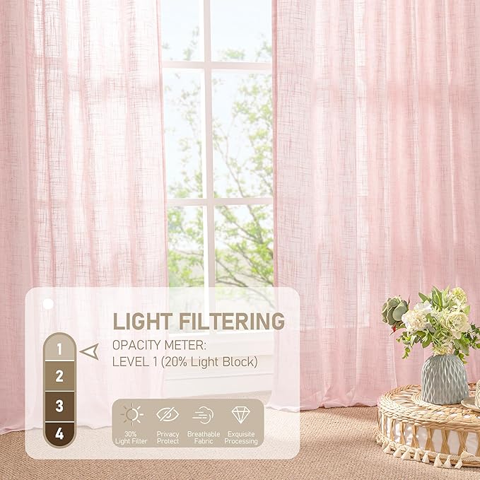 LAMIT Linen Curtains for Living Room 84 inch Length 2 Panels, Light Filtering Semi Sheer Drapes Back Tab and Rod Pocket Farmhouse Panels for Kids Bedroom/Girls Room, Pink, 52 x 84 Inch