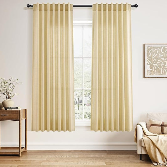 Nanspring Cream Yellow Linen Curtains 63 Inch Length for Living Room Light Filtering Modern Farmhouse Semi Sheer Curtains Back Tab and Rod Pocket Privacy Curtain for Bedroom Office 52x63, 2 Panels