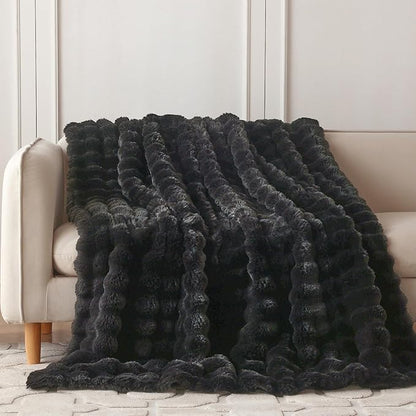 COOVA Faux Fur Throw Blanket for Couch, Cozy Soft and Fuzzy Plush Rabbit Fur Bubble Blanket for Sofa Bedroom Living Room, 50x60 Inches Black