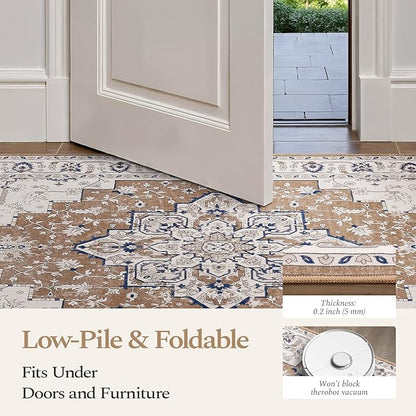 Rugflix 9x12 Area Rug for Living Room, Vintage Washable Area Rug Non Slip Backing Low Pile, Floral Soft Foldable Carpet for Bedroom Dining Room, Brown/Beige