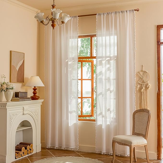 MYSKY HOME Boho Farmhouse White Long Curtains for Living Room, Light Filtering Privacy Semi Sheer Window Treatments with Tassle for Sliding Glass Door, 50" W×90" L, Pure White, Set of 2