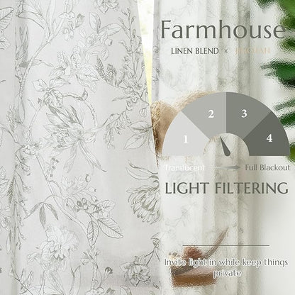 jinchan Floral Curtains 96 Inches Long Charcoal Grey Flower Linen Farmhouse Curtain for Living Room French Country Vintage Curtain Rod Pocket Curtains Set 2 Panels Gray Floral Printed