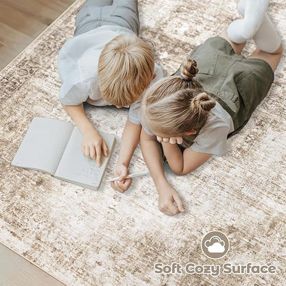 Area Rug 10x12 Washable Rug, Vintage Boho Medallion Rugs Non-Slip Soft Low Pile Large Distressed Rug Indoor Retro Carpet for Living Room Bedroom Dining Room Home Office (Brown, 10'x12')