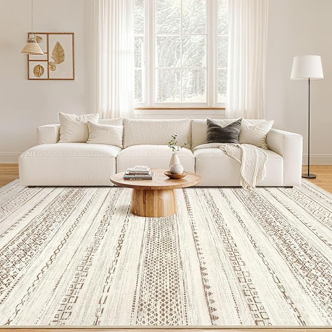 Nakagishi 7x10 Area Rug Living Room: Washable Boho Large Neutral Modern Soft Farmhouse Rugs Stain Resistant Indoor Floor Non-Slip Carpet for Bedroom Nursery Kids Playroom Office Dining Room- Brown