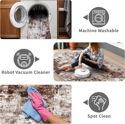 2x8 Washable Runner Rugs for Hallway: Easy-to-Clean Abstract Runners for Entryway Bedroom - Stain and Water Resistant Rugs with Non-Slip Backing - Soft Low-Pile Carpet Brown Khaki White