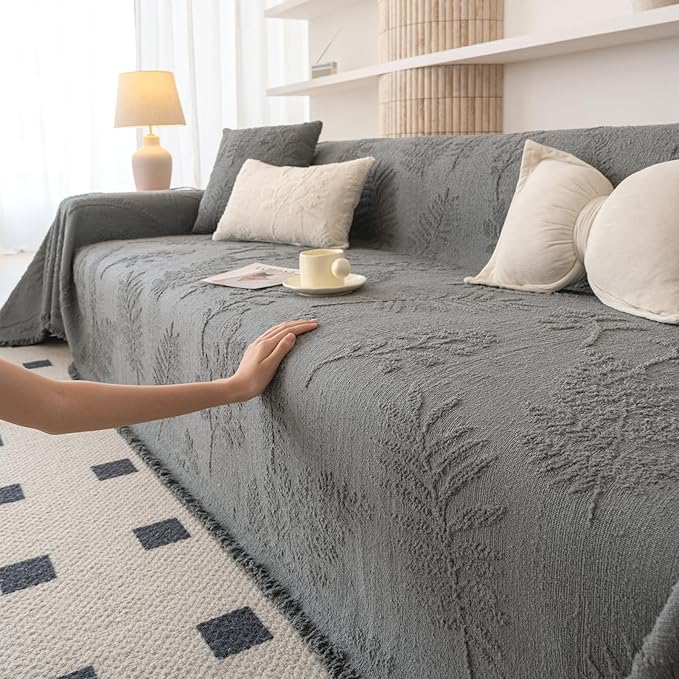 HANDONTIME Washable Couch Covers for Sofa Boho Couch Covers for 3 Cushion Sofa Pet Friendly Grey Chenille Jacquard Couch Protector for Dogs Plant Branch Sectional Cover Sofa Slipcovers, 71" X 118"