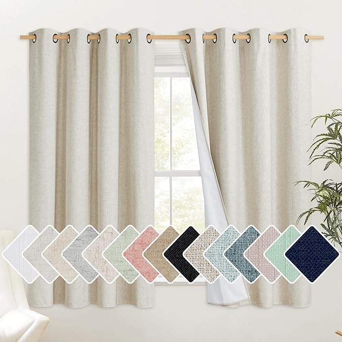 NICETOWN Natural Linen Curtains 45" Long with Noise Reducing for Small Window, 52" Wide, 2 PCs, Complete Blackout Drapes, Thermal Insulated & Noise Reducing Window Draperies with White Liner