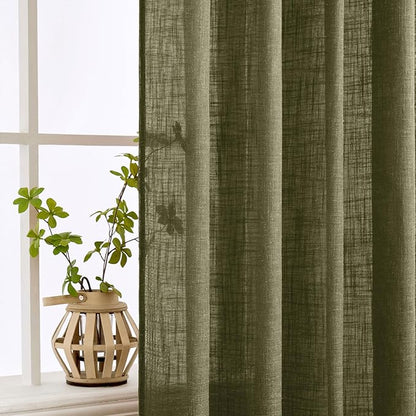 MIULEE Light Olive Green Linen Curtains 108 Inches Long 2 Panels for Bedroom Living Room, Soft Linen Textured Natural Window Drapes Semi Sheer Light Filtering Back Tab Rod Pocket Burlap Look Decor
