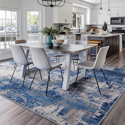 Washable Area Rugs Square 9ft Non-Slip Modern Abstract Soft for Living Room Entryway Bedroom Nursery, Print Pattern, Blue Grey Navy Gray