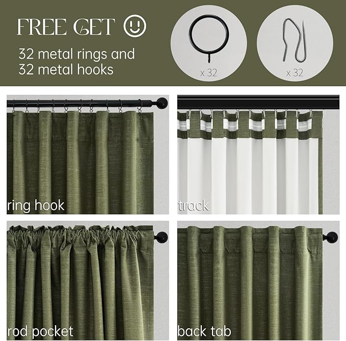 Topfinel 100 Inch Long Black Out Custom Curtains, Olive Green Pleated Window Coverings, Nursery Winter Boho Farmhouse Heat Sound Block Back Tab Curtains for Sliding Door Bay Window