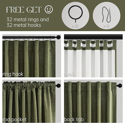 Topfinel 100 Inch Long Black Out Custom Curtains, Olive Green Pleated Window Coverings, Nursery Winter Boho Farmhouse Heat Sound Block Back Tab Curtains for Sliding Door Bay Window