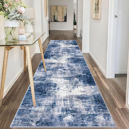 IOHOUZE Abstract Runner Rug 3x10 Ft Washable Runners for Hallways, Non Slip Kitchen Runner Printed Faux Wool Entryway Runner Indoor, Modern Abstract Floor Carpet for Hall Bedroom, Navy/Grey