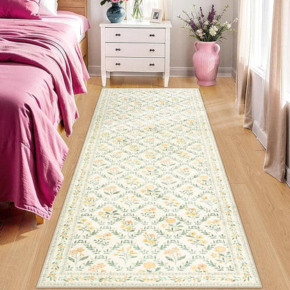 Runner Rug for Entryway: 2.6x8 Kitchen Rugs Non Slip Washable Ultra-Thin Soft Floral Carpet Indoor Floor Stain Resistant Carpets for Hallway Bedroom Kitchen Laundry Bathroom Dorm Beige/Multi