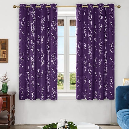 Deconovo Blackout Curtains, Purple Curtain, Thermal Insulated Soundproof Grommet Drapes, Silver Tree Foil Print, 52 x 63 Inch, 2 Panels, Machine Washable Window Panel for Living Room Bedroom Office