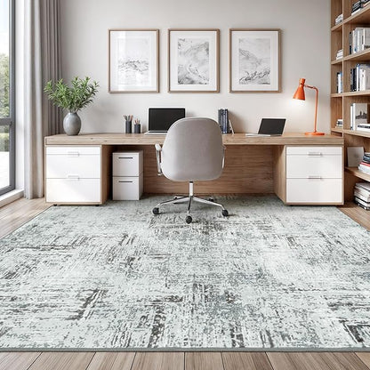 Rugflix 5x7 Washable Area Rugs, Neutral Boho Carpet Living Room Rug Non Slip Stain Resistant, Large Area Rug for Indoor Bedroom Dining Room Office, Blue/Grey