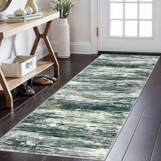 KOZYFLY Modern Abstract Runner Rugs 2x6 Green Yellow Machine Washable Area Rug for Bedroom Non-Slip Living Room Rug, Faux Wool Soft Low Pile Office Carpet for Dining Room, Bedroom, Kitchen Bathroom