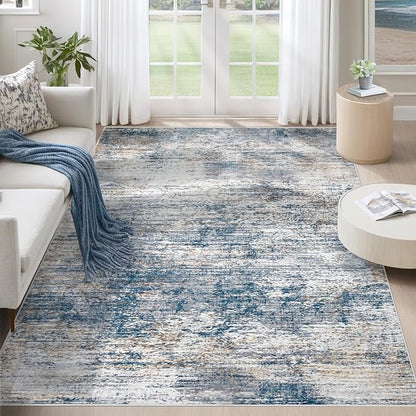 XLUEZ 5x7 Area Rugs for Living Room, Washable Modern Abstract Large Area Rug Neutral Soft Non Slip Kids Rug Stain Resistant Indoor Carpet for Bedroom Nursery Dining Room Playroom(BlueWhite, 5'x7')