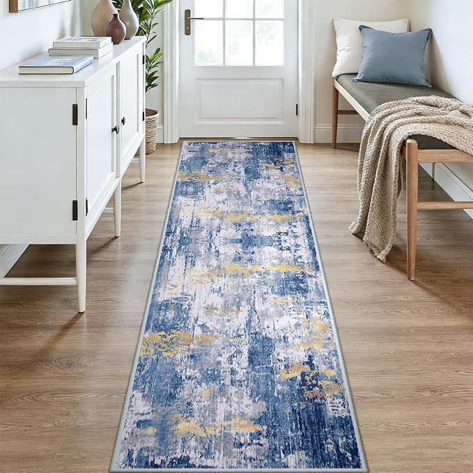 Washable Area Rugs 3x9 Non-Slip Modern Abstract Soft for Living Room Entryway Bedroom Nursery, Print Pattern, Grey Blue Gold/Golden