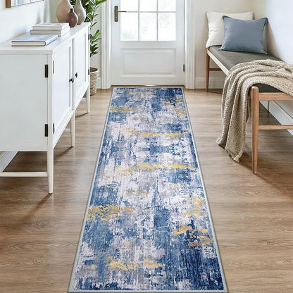 Washable Area Rugs 3x9 Non-Slip Modern Abstract Soft for Living Room Entryway Bedroom Nursery, Print Pattern, Grey Blue Gold/Golden