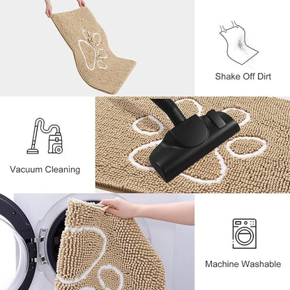 Smiry Dog Door Mat for Muddy Paws, Absorbent Dirt Trapper Non Slip Quick Dry Washable Chenille Mat for Mud Dogs, Entry Rug for Indoor and Outdoor (36x24 Inches, Beige and White)