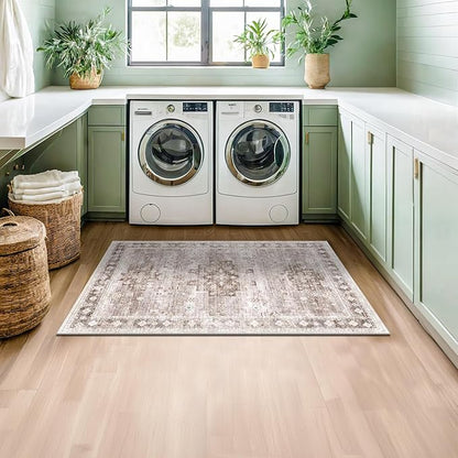 Washable Neutral Farmhouse Large Entryway Rug, 3x5 Area Rugs for Kitchen, Bedroom, Laundry Room, Nursery Room, Boho Vintage Floral Non-Slip Throw Rug Low Pile Stain Resistant (3x5 Beige/Latte)