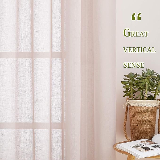 NICETOWN Pink Curtains for Girls Bedroom, Decorative Grommet Flax Linen Semitransparent Casual Window Drapes Privacy with Light Filtering for Bedroom, Dusty Blush, W36 x L63, 2 Pieces