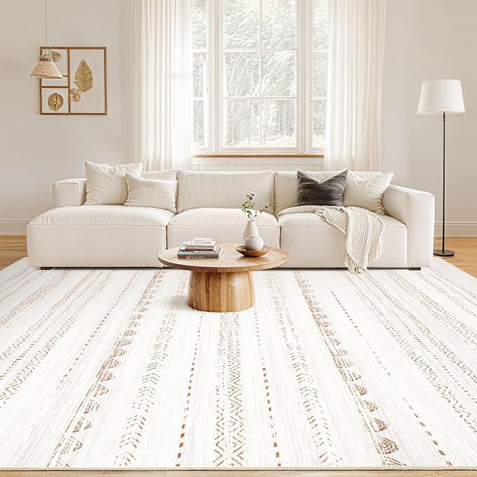 Nakagishi 8x12 Area Rugs Living Room: Washable Boho Large Neutral Soft Farmhouse Rug Stain Resistant Modern Moroccan Non-Slip Indoor Floor Carpet for Bedroom Nursery Kids Playroom Office- Brown