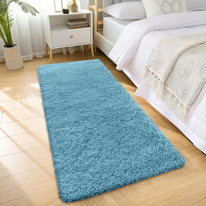 OLANLY 2x6 Machine Washable Runner Rugs for Hallway, Soft Fluffy Shaggy Bedside Rugs for Bedroom, Living Room, Indoor Floor Carpet for Kids Girls and Boys, Home Decor Aesthetic, Slate Blue