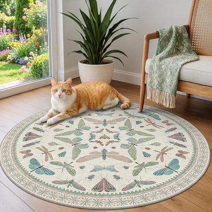 Cream Round Rugs 4ft for Living Room - Soft Washable Small Circle Throw Rugs for Kids Bedroom, Baby Nursery, Playroom, Reading Corner, Insect Stain Resistant Floor Carpet, Beige Green