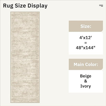Soalmost 4x12 Wide Hallway Runners: Washable 12ft Runner Rug for Entryway Living Room Soft Vintage Non Slip Carpet Runner for Kitchen Dining Room Nursery Bedroom (Beige, 4x12ft)