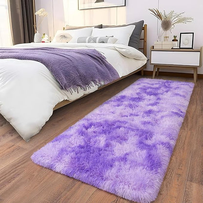 Soft Runner Rugs for Bedroom Hallways, 2x6 Tie-Dyed Purple Fluffy Shag Throw Area Rug Non Slip for Bedside Dorm, Long Shaggy Furry Carpet for Nursery Living Room