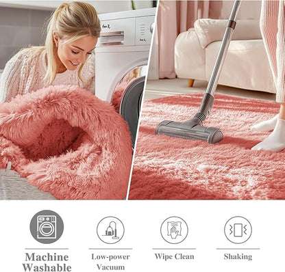 OLANLY Rust Red Round Rugs for Bedroom - Machine Washable, 4 ft Circle Area Rugs for Living Room, Soft and Fluffy Shaggy Carpet for Teen Girl and Boys, Nursery Rooms, Dorms, Home Decor Aesthetic