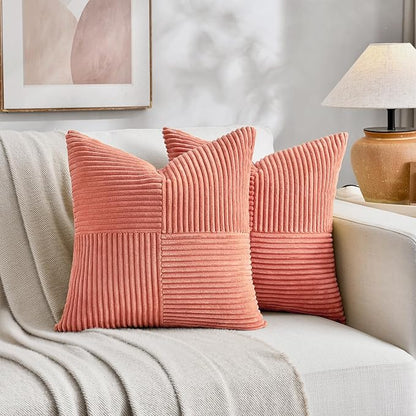 Fancy Homi 2 Packs Coral Samll Decorative Throw Pillow Covers 12x12 Inch with for Couch Bed Sofa, Rustic Farmhouse Boho Home Decor, Soft Corss Patchwork Corduroy Square Peach Cushion Case 30x30 cm